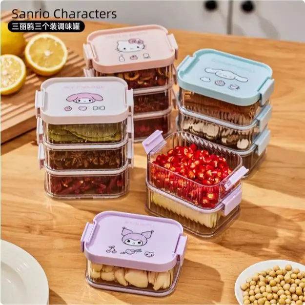 

3pcs Kawaii Sanrio Hello Kitty Storage Box KUROMI Packaging Anime Cartoon Cute Preservation Box PET Sealed Spice Jar Girls Gifts