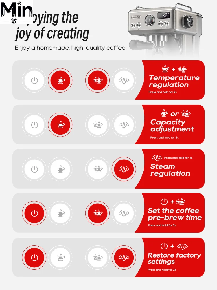 H10A 20Bar Semi Automatic Espresso Machine Temperature Adjustable 58mm Portafilter Cold Hot Coffee Maker Metal Case