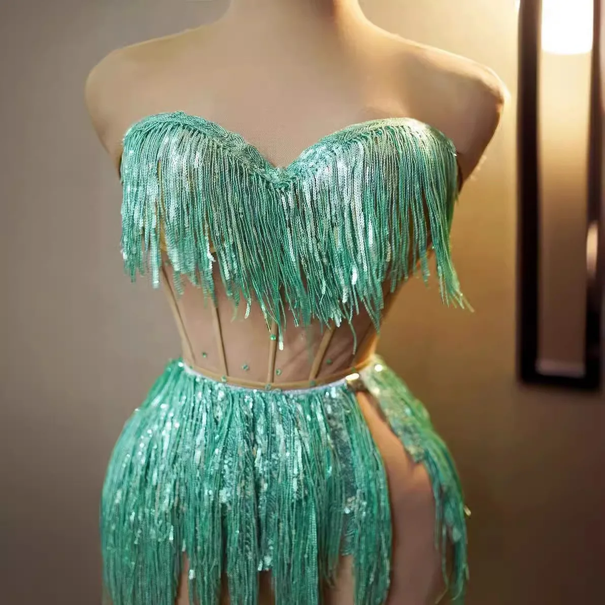 Combinaison sans bretelles à franges vertes, coupe cintrée, pour Bar, discothèque, fête de vacances, chanteuse leader, Costume de spectacle sur scène de danse