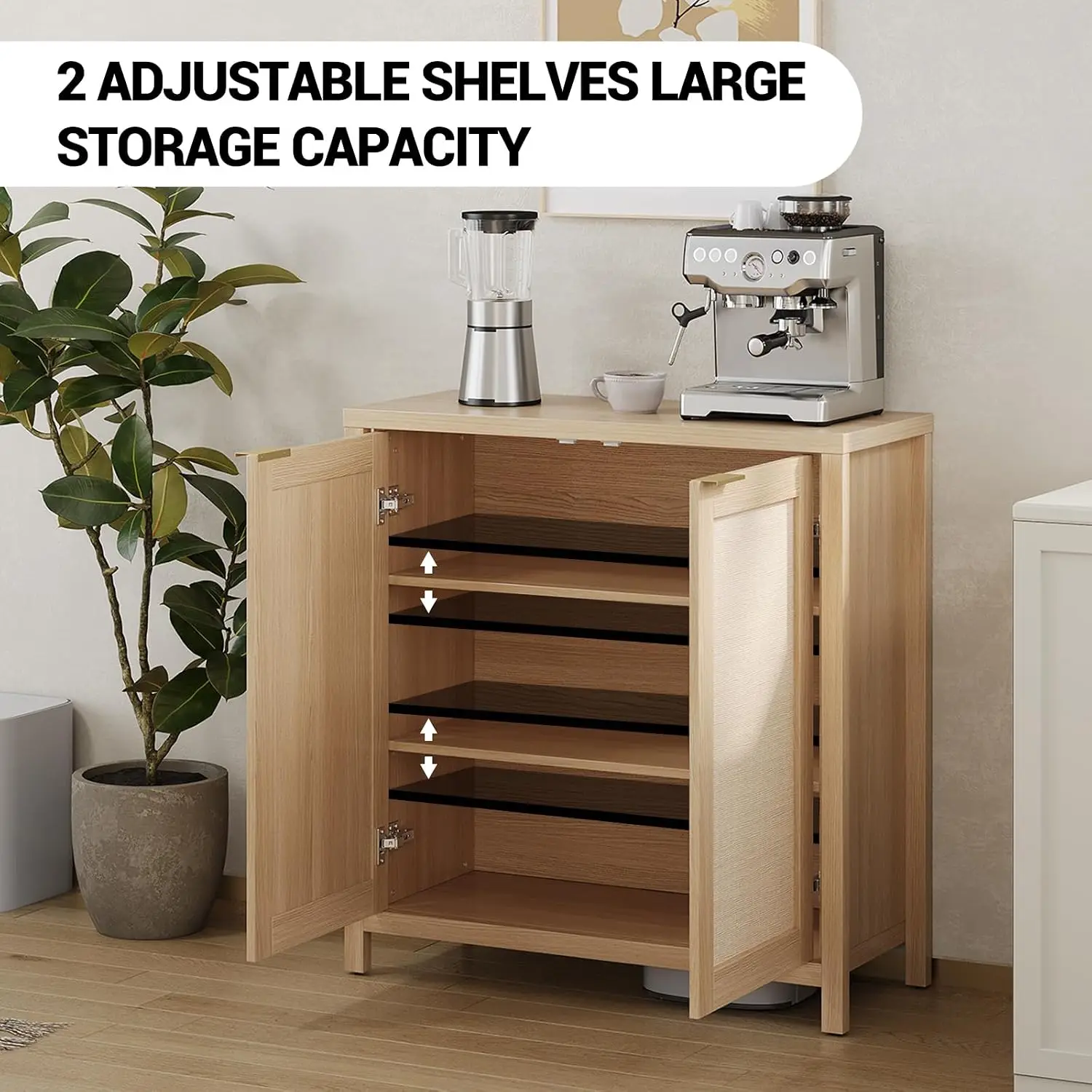 Garvee Cabinet Storage with Rattan Doors, Sideboard ,2 Adjustable Shelves, Particle Board Living Room Cabinets Glamour Modern Home Entryway Furniture