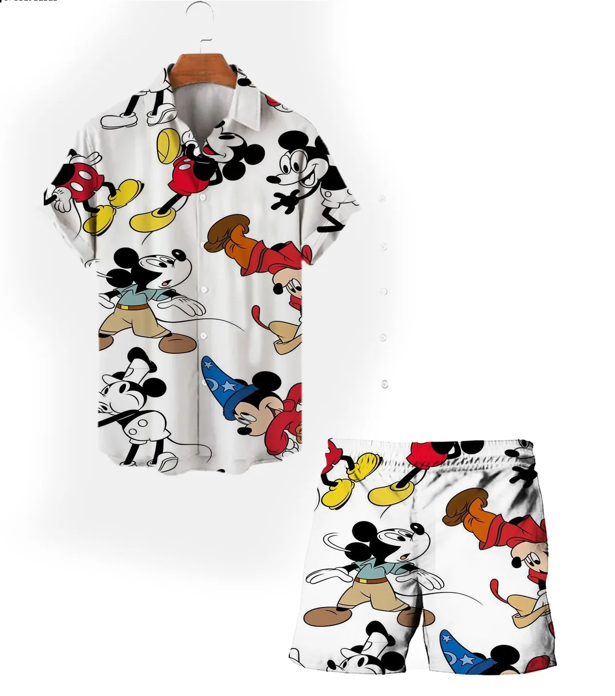 Mickey and Minnie Cartoon Suit Summer New Casual 2024 Men\'s Lapel Single Breasted Short Sleeve Top Drawstring Shorts y2k