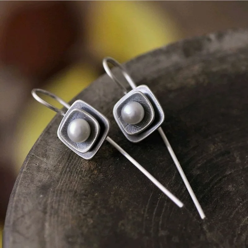 

Simple Long Hook White Pearl Drop Earrings for Women Delicate Silver Color Geometric Multilayer Metal Statement Earrings Gifts