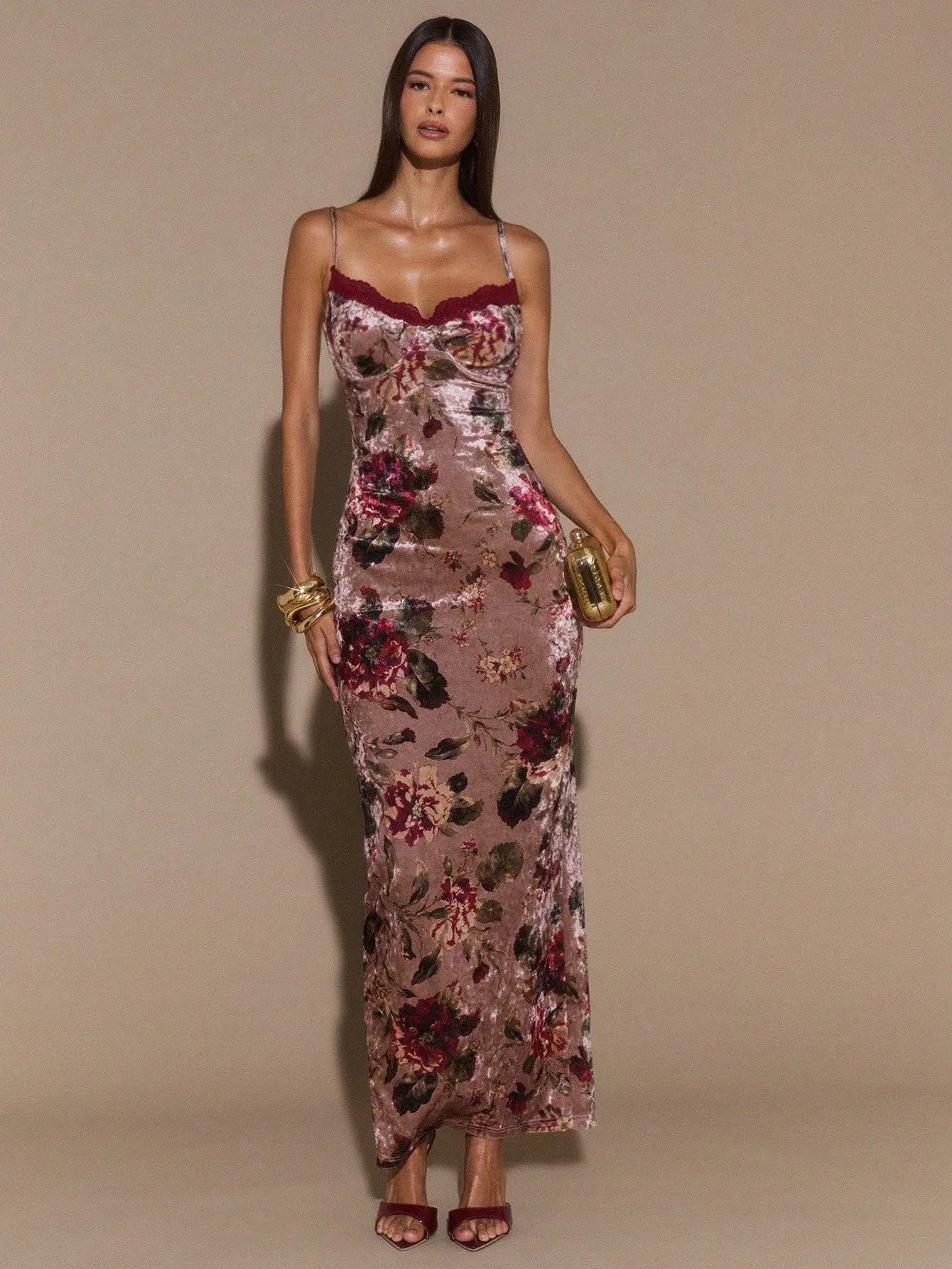 

Floral Print Velvet Maxi Dress with Lace Trim Spaghetti Straps, Bodycon Fit for Evening or Vacation