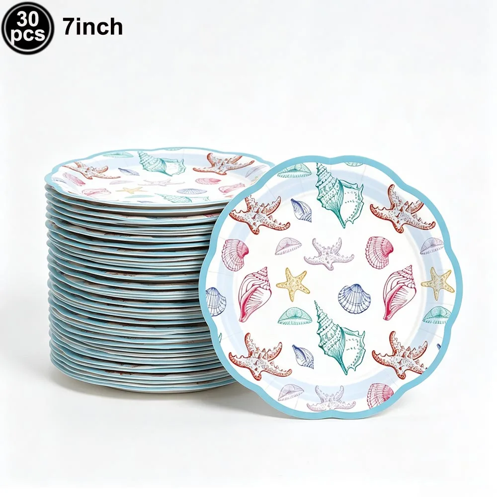 Ozean Muschel Party Supplies Sommer Strand Party Geschirr Teller Tassen Muschel Seestern Kuchen Dekorationen Kinder Geburtstag Party – Detail 5