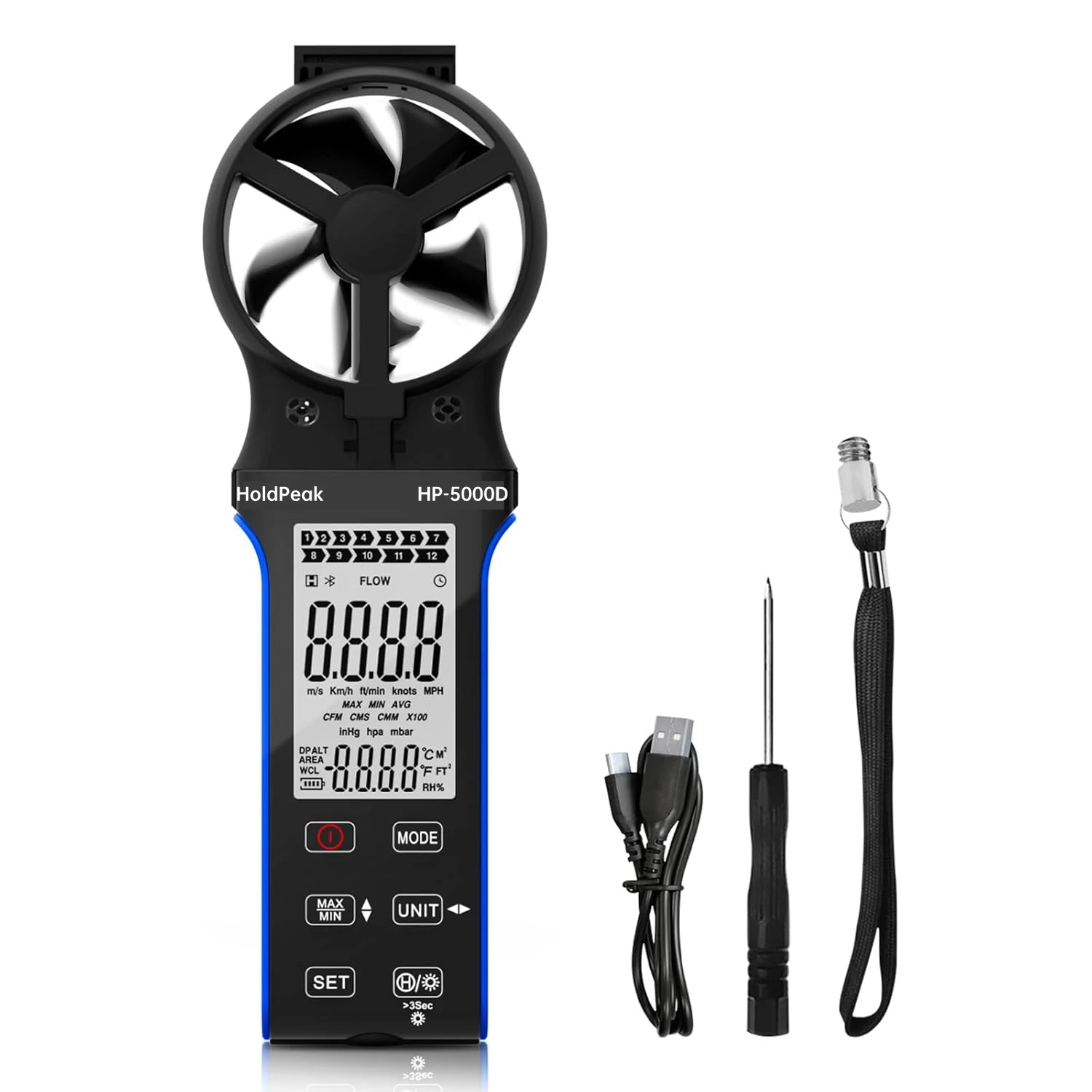 

HP-5000D Handheld Anemometer, Anti-dust CFM Meter Wind Speed Meter with Touch Button, Rechargeable Wind Gauge for Air Flow