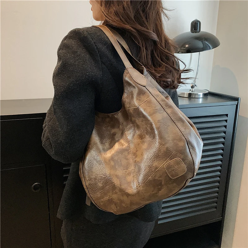 Vintage Women\'s Bag PU Leather Large Capacity Marble Grain Shoulder Bag Daily Commuter Handbag Shopping Totes