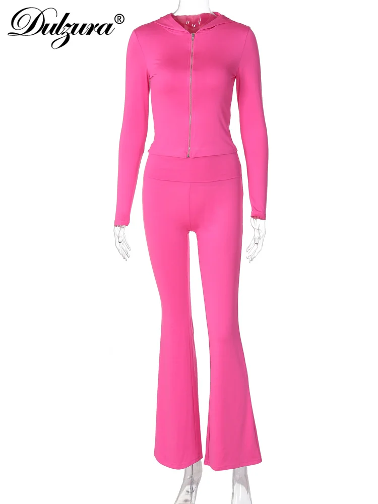 Dulzura Solid Casual Sports 2 Piece Pants Set Long Sleeves Zipper Hoodie And Flare Pants Matching Set Streetwear Autumn Winter