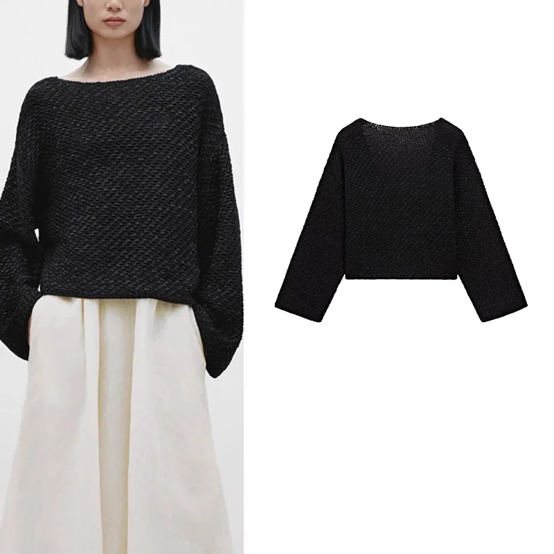 Elegant Minimalist Black Knitted Sweater Deep V-Neck Hollow out Design Commute Suitable Fashionable Polyester Fiber