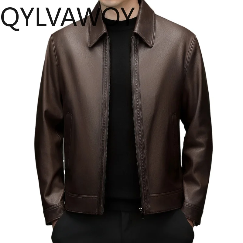 QYLVAWOY Goatskin Real Leather Jacket Men Business Casual Short Coats for Man Fashionable Lapel Warm Jackets High Quality 가죽자켓