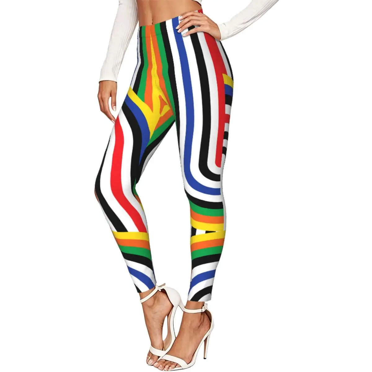 Women Full Length Elastic Leggings High Waist Tight Pants Abstract Art Colorful Disco Rainbow Pattern Casual Bottoms