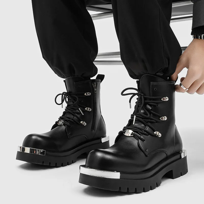 

mens fashion punk rock original leather boots black designer shoes cowboy platform boot spring autumn cool high motorcycle botas