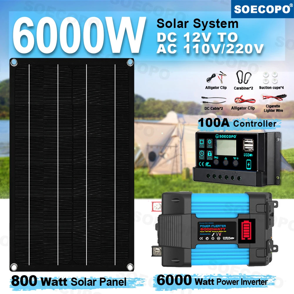 

SOECOPO 6000W Solar System Kit 800W Solar Panel DC 12V - AC 110V/220V Inverter 100A Controller Camping Home RV