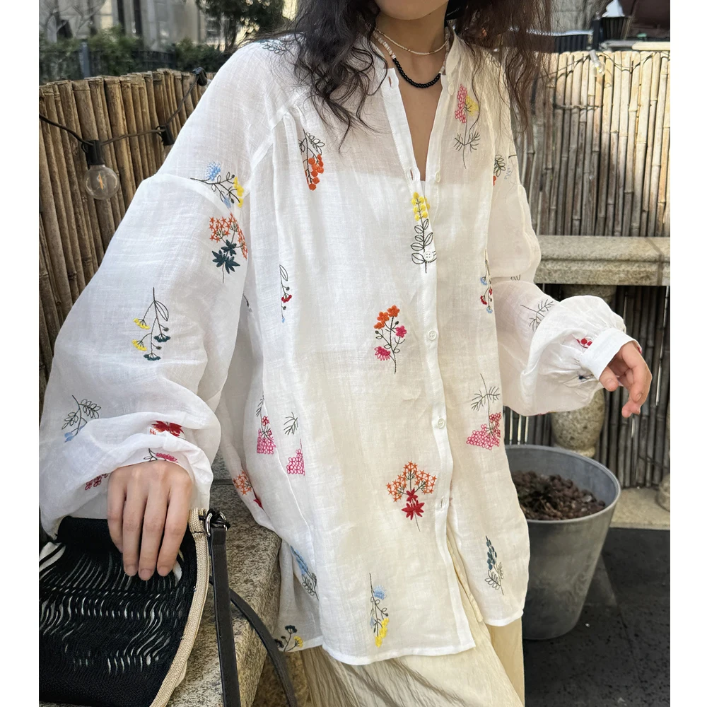 

100% Linen Women Summer Sexy Bohemian Blouses V-Neck Flower Embroidery Blouses Fashion Women Elegant White Tops Shirts