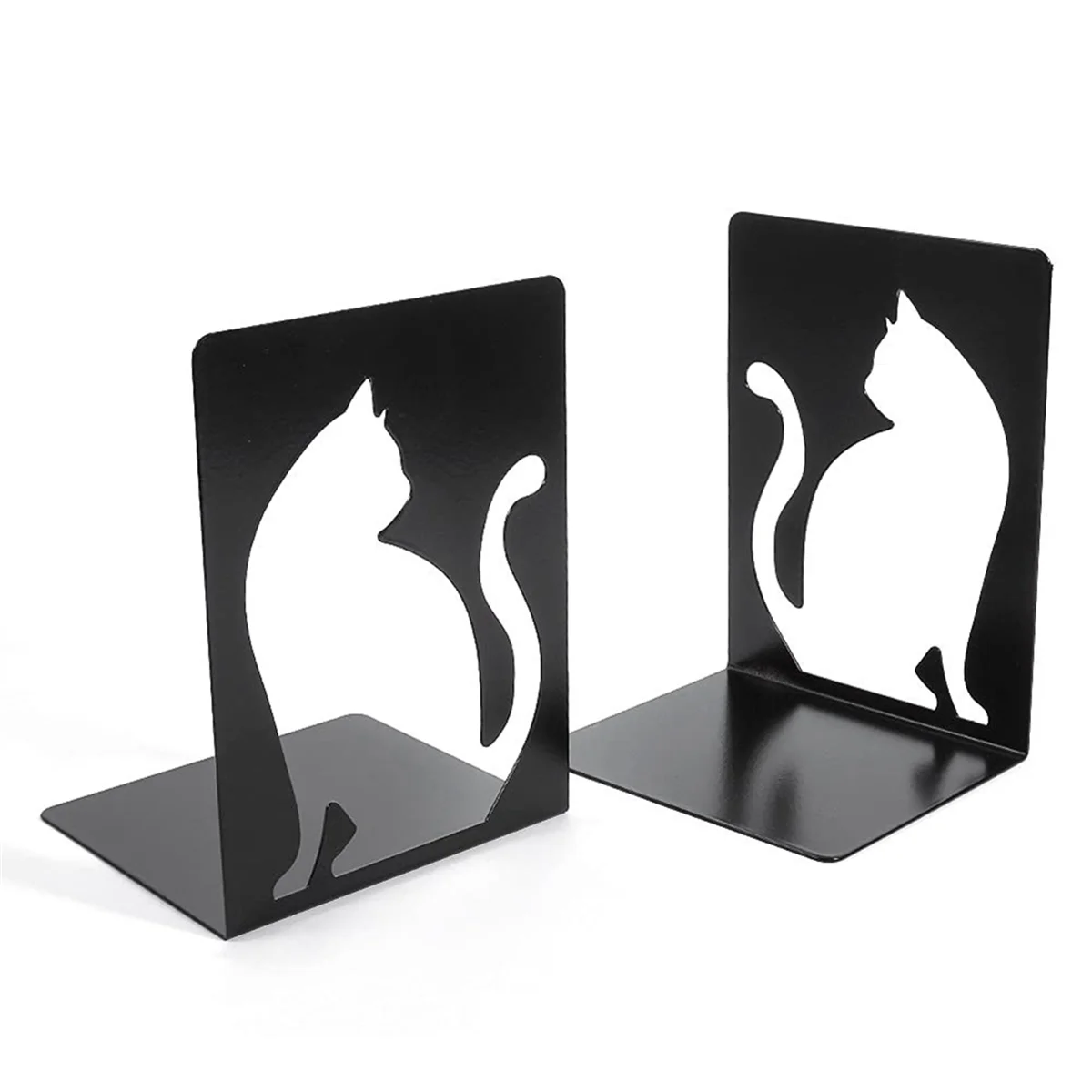 Bookends,Book Ends, Book Ends for Shelves, Heavy Duty Metal Black Bookend Support for Shelves Offices - White Cat