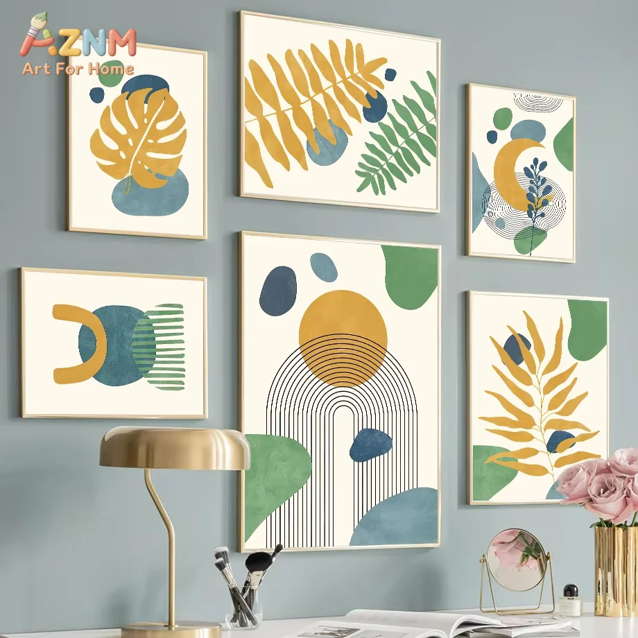 AZNM Boho Abstract Geometric Canvas Print Sun Rainbow Monstera Leaf Color Block Neutral Line Art Minimalist Wall Poster Unframed