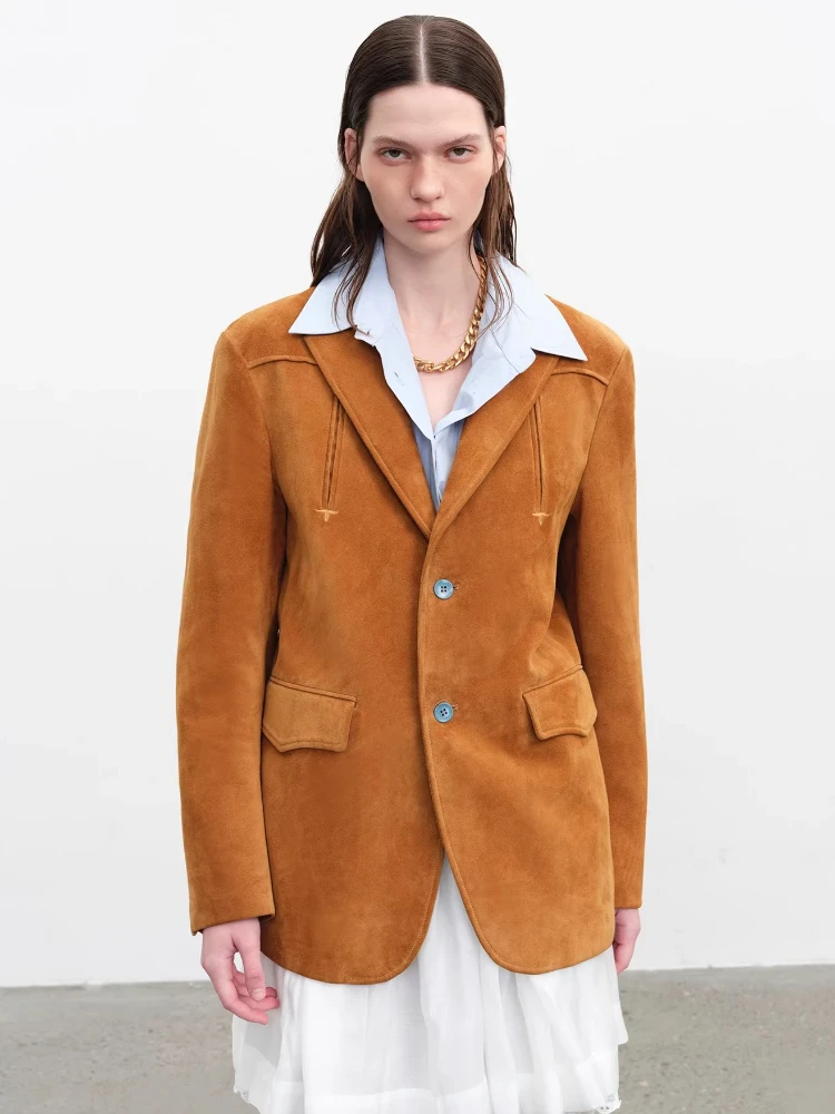 

Classic Casual Genuine Leather Blazer Jackets for Women Spring Autumn High-end Simple Vintage Slim Real Sheepskin Suede Coat