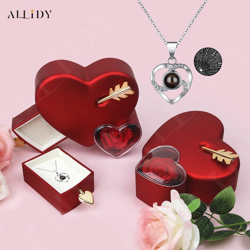 Allidy - Valentine\'s Day Creative Heart-piercing Rose Jewelry Box and 100 Languages ​​​​I Love You Projection Necklace Gift Set