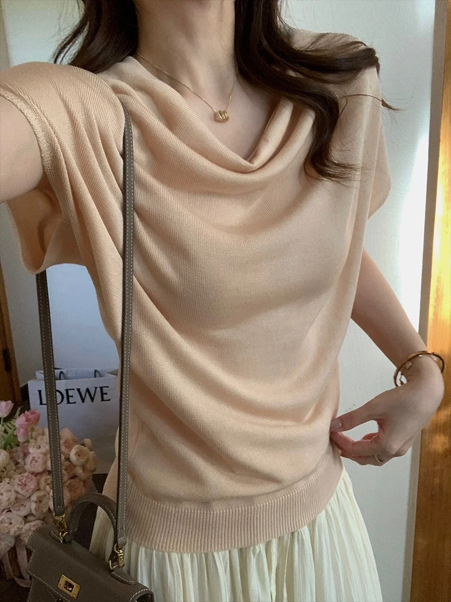 

MUKOK French Style Loose Fit Short Sleeve Knitwear Soft Cozy Ruffle Collar Slimming Waist Design Casual Wear for Women