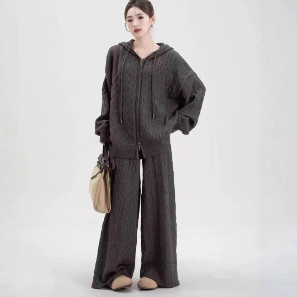 Vintage Twist Knitted Suit Women's Autumn and Winter Hooded Cardigan Wide-leg Pants Unique Texture Stylish Simple Two-piece Set