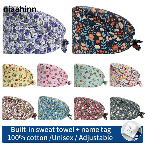 Gorro de trabajo para médico Unisex, gorro de salón de belleza para mujer, venta al por mayor, Accesorios para enfermeras, gorro para cirugía quirúrgica médica, gorro de médico con estampado de flores