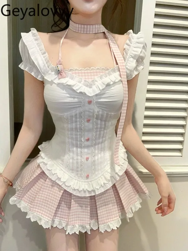 

Womens Two Peice Sets Sweet and Cute Princess Preppy Style Elegant Outfit Puff Sleeve Ruffle-trimmed Top and Pleated Skirt Set
