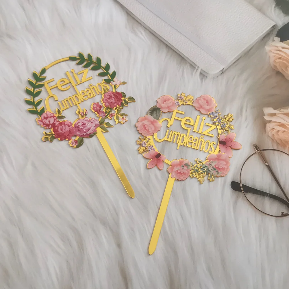 Neuer spanischer Tortenaufsatz „Happy Birthday“, goldfarben, schwarz, Acryl, Geburtstagsparty, Tortenaufsatz für Babyparty, Dessert-Dekoration – Detail 1