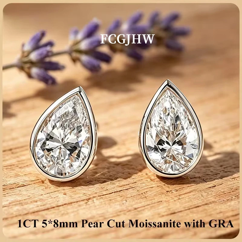 Moissanite Stud Earrings Round Cut 1Ct - FCGJHW Set Bezel, Anting Tusuk Moissanite