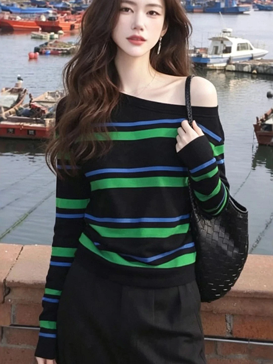 American Style Long Sleeve Knitted Sweater Women's Fashionable Slimming Age-Defying Blue Green Striped Off-Shoulder Top