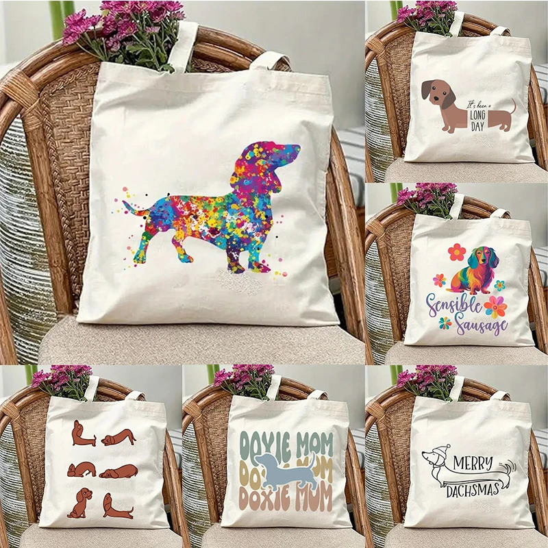 Bolso de mano elegante de lona con diseño de perro salchicha, bolso duradero y elegante Y2k de gran capacidad para ir de compras, viajes, picnics y fiestas