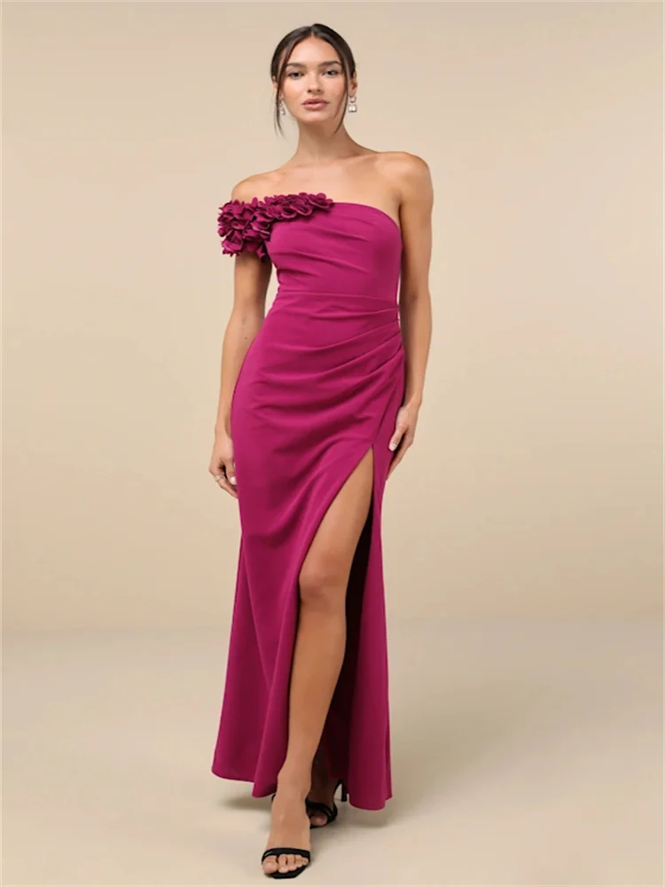 Customized Chic 3D Floral One-shoulder Long Flared Dress With Slightly Pleated Skirt And High Slit Elegant Evening Dress