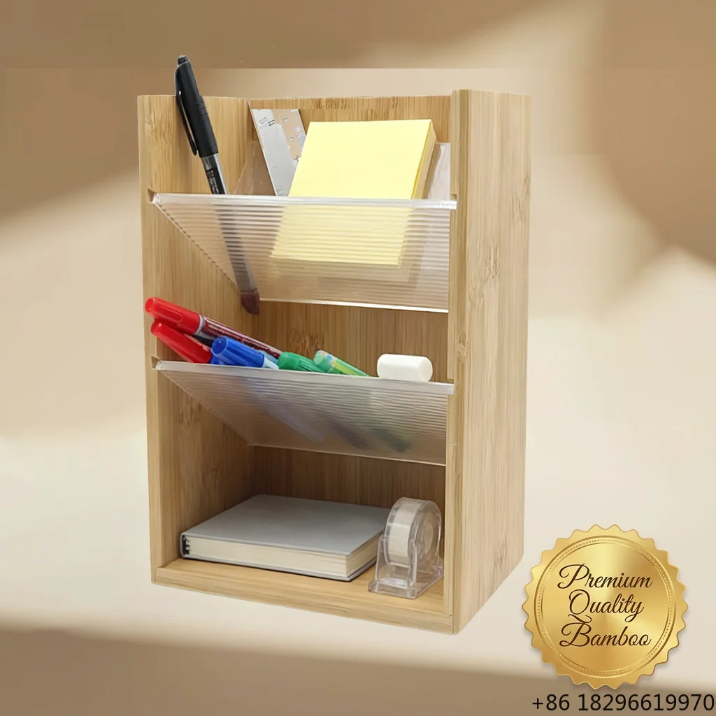 Bamboo Desktop Organizer Slanted Trays, Multi-Size Stationery Caddy for ...