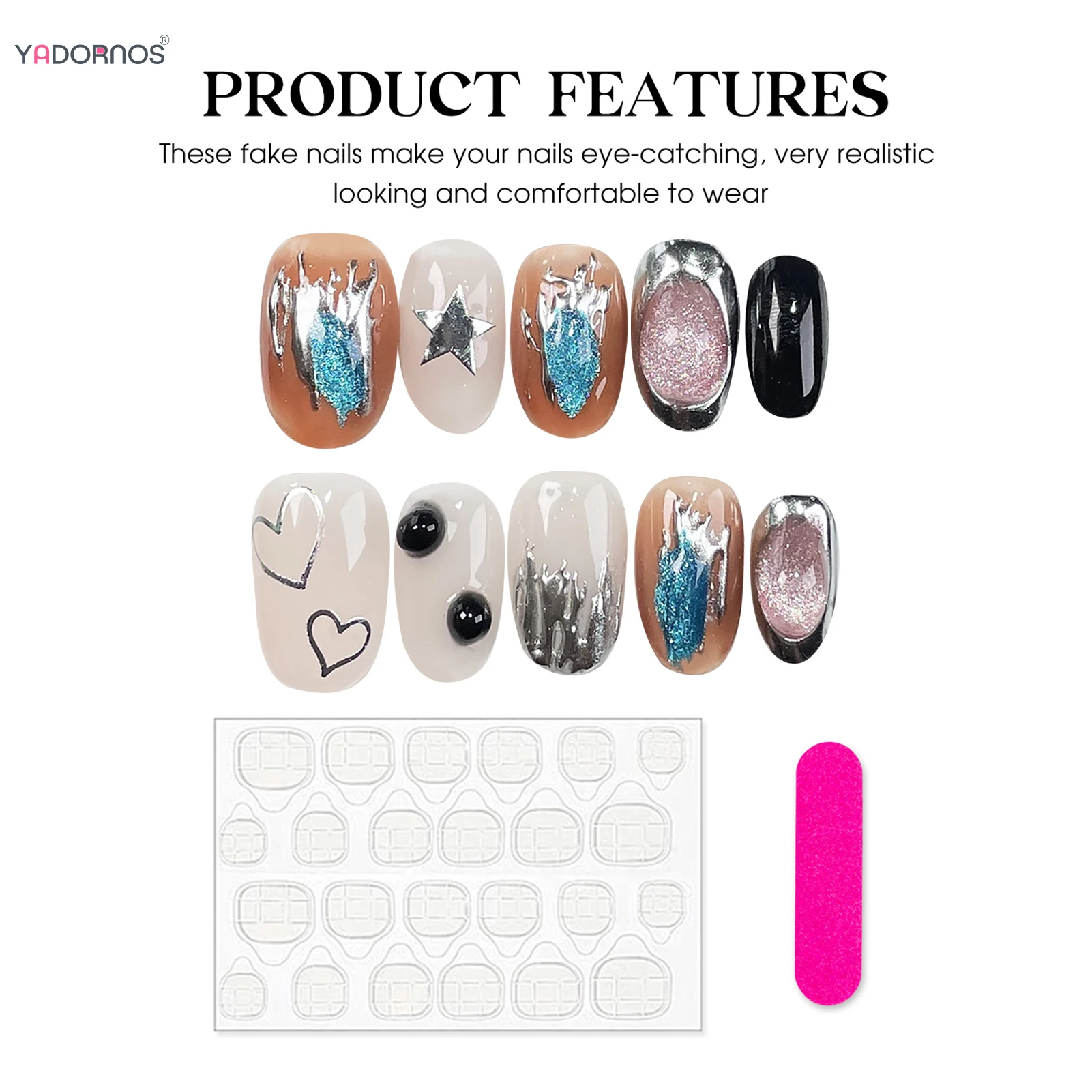 10ชิ้นโลหะหนักกดบนเล็บหัวกลมรูปดาวหัวใจสีเงินดีไซน์ดวงตาของแมวสีดำสวมใส่ได้ทำเล็บมือปลายเล็บ