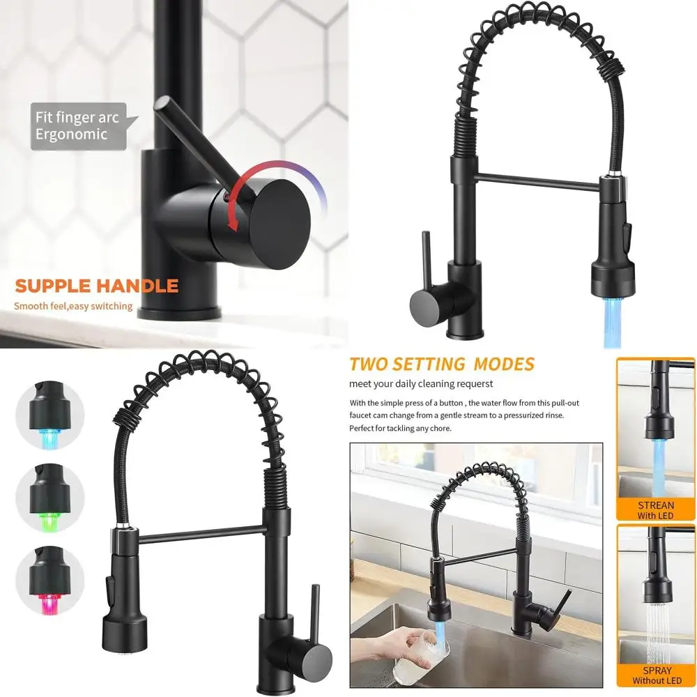 

Single Handle Pull-Down Spray Kitchen Faucet with LED Light, Matte Black Finish