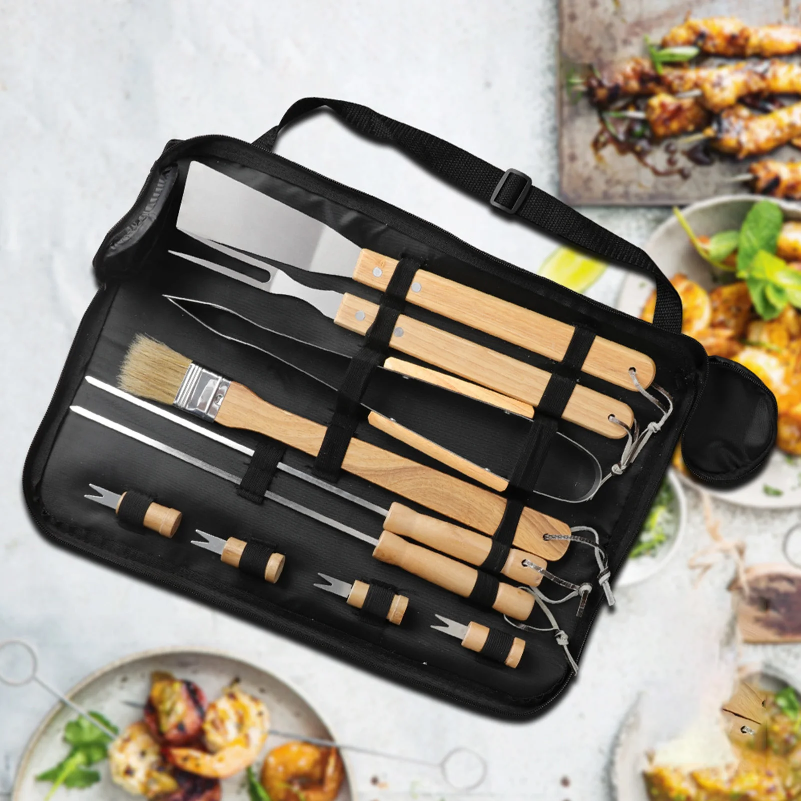 

10PCS BBQ Tool Set, Stainless Steel Grill Tools, Wood Handle BBQ Utensils with Storage Bag, Stainless Steel Construction