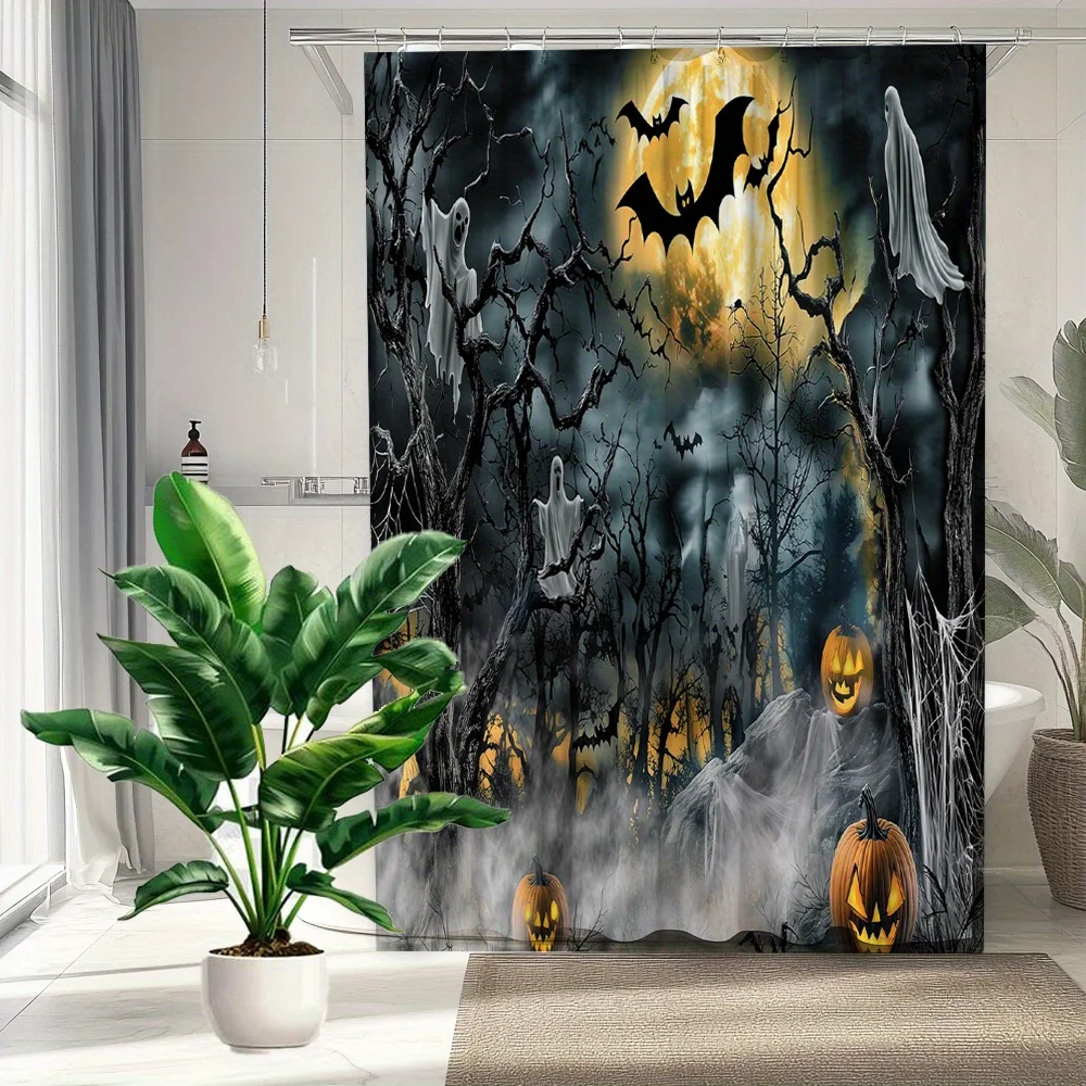 Halloween Shower Curtain - Spooky Forest Design with Ghosts, Bats, Jack-O-Lanterns & Full Moon