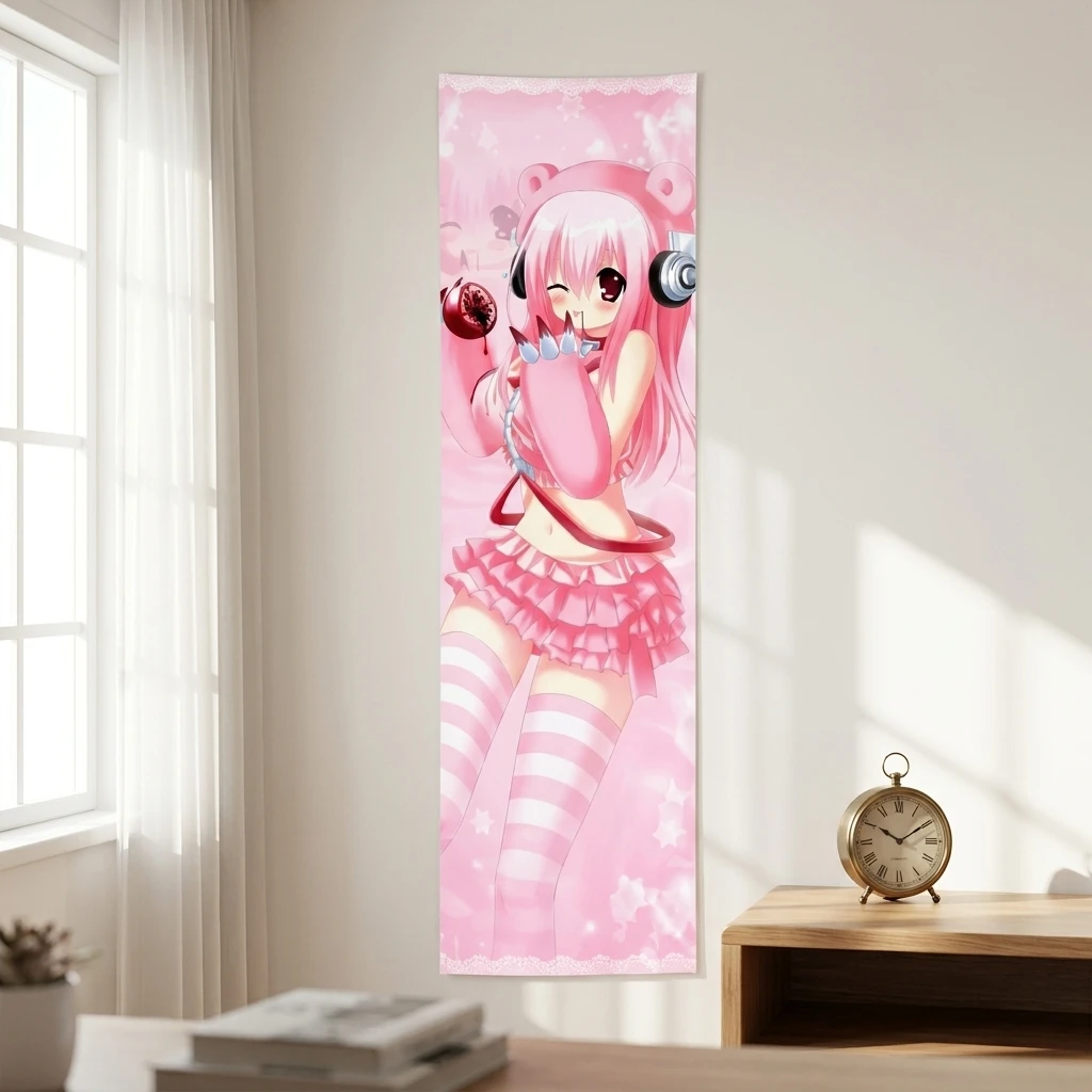 Anime Tapestry Wall Hanging Blanket, Super Sonico & Gloomy Bear Cute Pink Star Background Design, Otaku Wall Decor for Bedroom