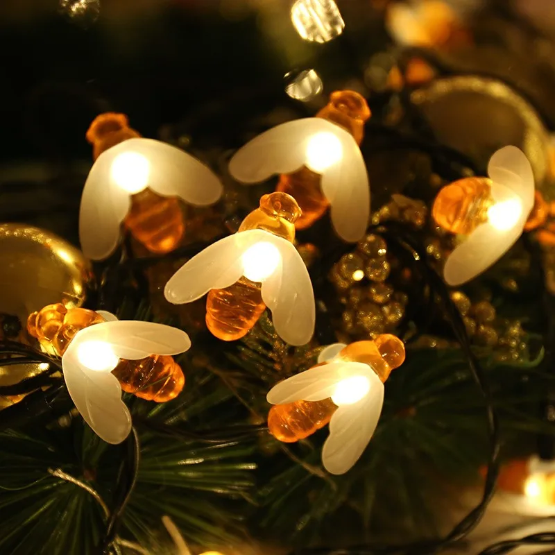 LED Solar Bee String Lamp Outdoor Fairy Light Tree Garland Waterproof Patio Garden Holiday Party Decoration Tree Fence Balcony