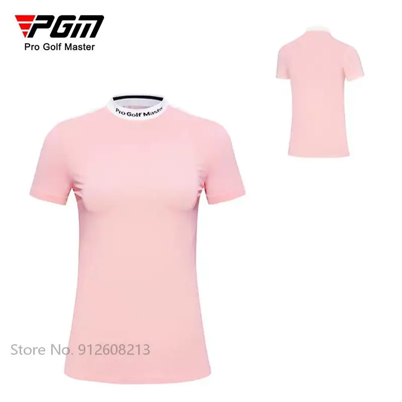 PGM Summer Female Short Sleeve Tops Women Elastic Stand Collar Golf Shirts Slim Golf Wear Patchwork Quick-dry Sports T-shirts