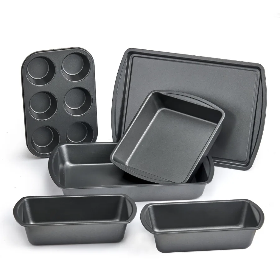 6 Piece Non-Stick Carbon Steel Bakeware Set with Cake, Muffin, Cookie and Loaf Pans, Gray