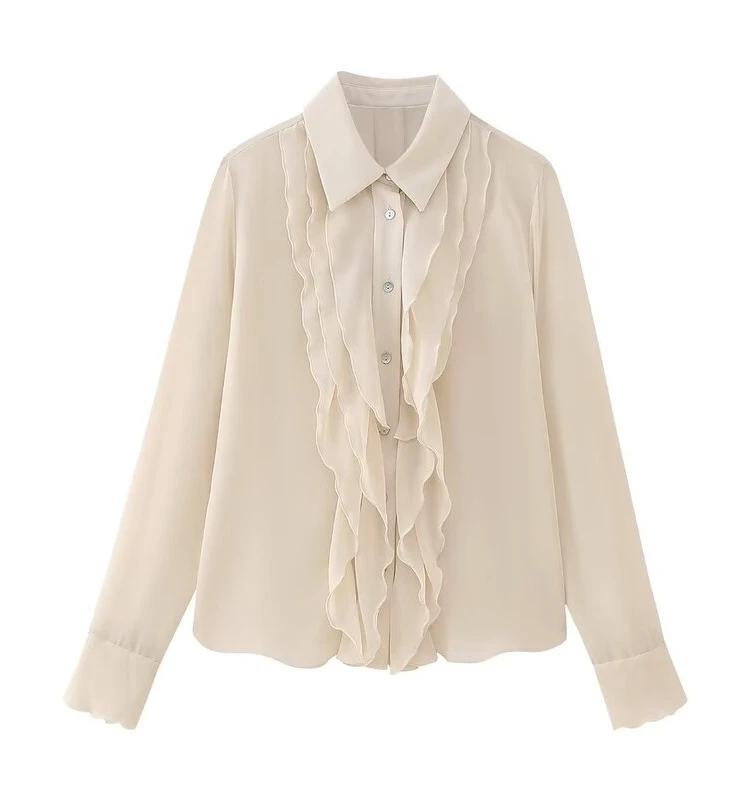 Autumn 2023 Women's Design Sense Layered Decorative Drape irt  Collar Long Sve Pure Color Commute Sle Button Detail