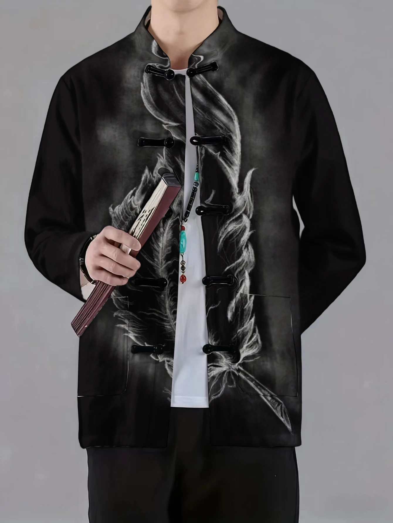 Men Mandarin Collar Frog Button Jacket Cat Skull Crow Feather Rose Art Print Traditional Outerwear