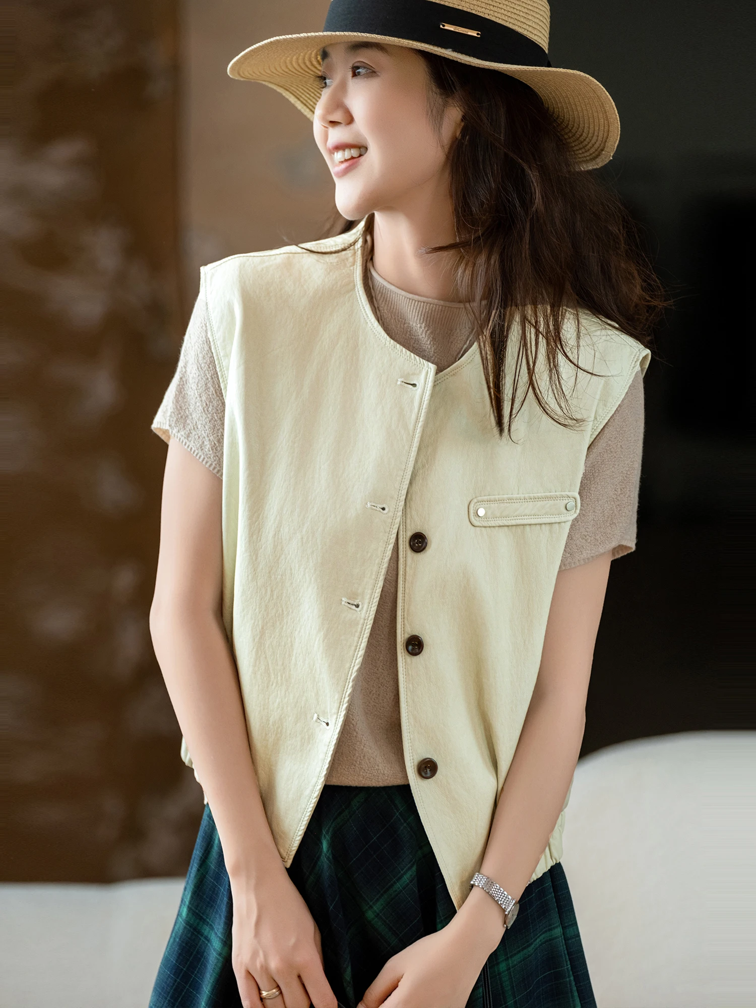 Soft Protein Leather Vest Outerwear Elastic Hem Layering Vintage Style Women's Cotton Blend round Neck Loose Fit Summer Jacket