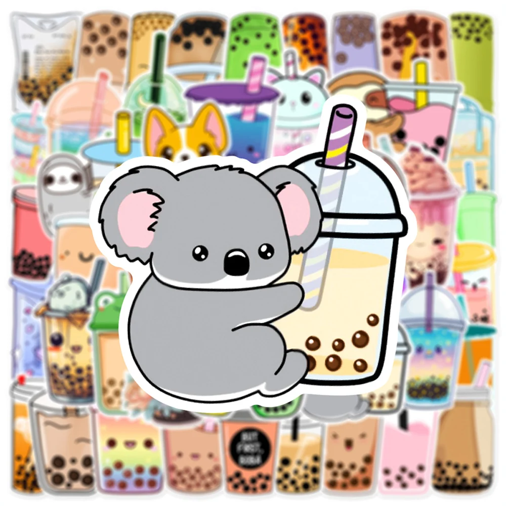 Bonito Animal Bubble Tea Stickers, Cartoon Drink Decoração Estética Decal, Papelaria DIY, Garrafa de Água Telefone, Estilo INS, 10 Pcs, 30 Pcs, 50Pcs