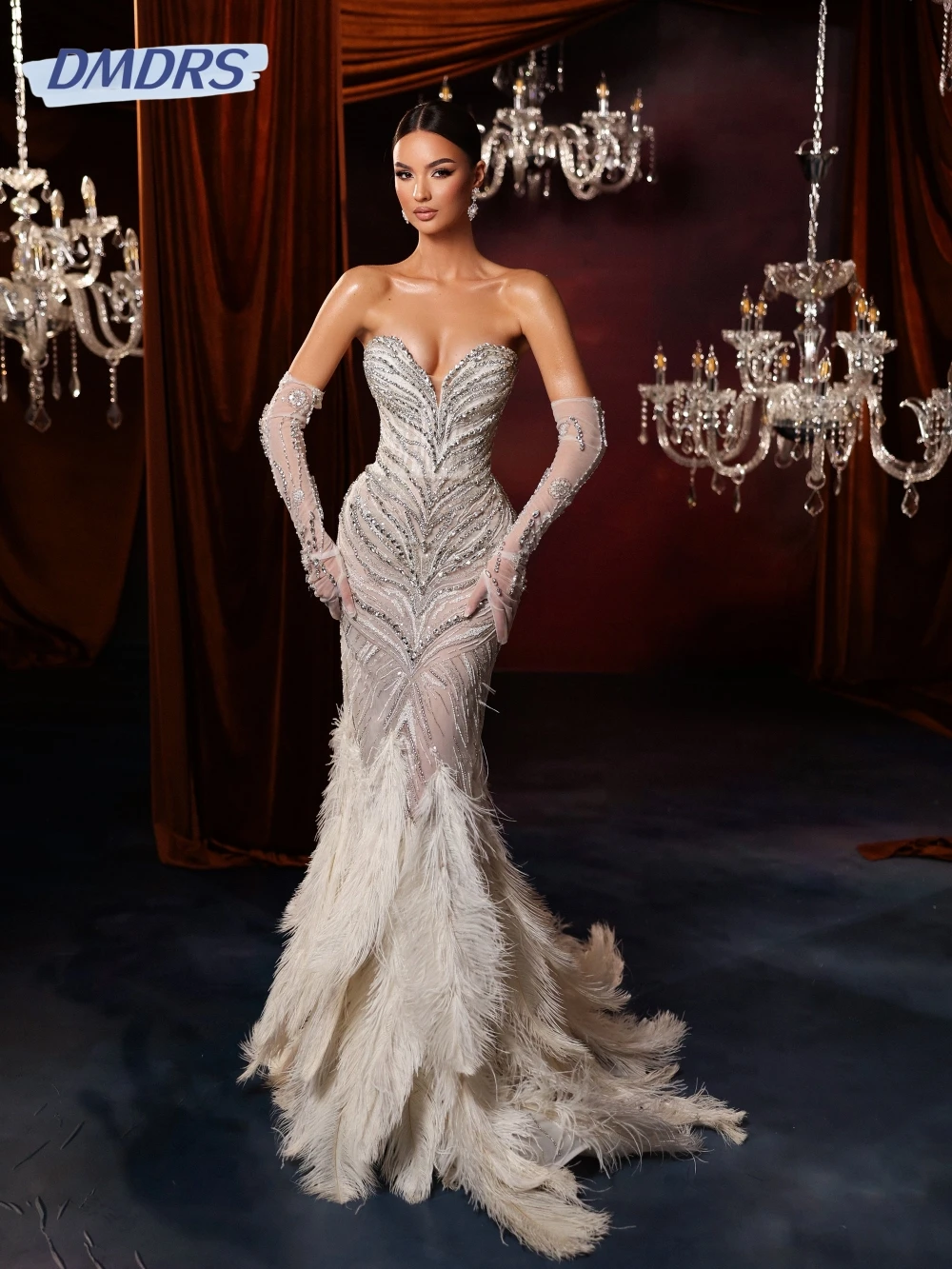 

Luxurious Silver Crystal Feathers Evening Dress Without Gloves Elegant Charming Wedding Party Gown Customized Sexy Prom Dresses