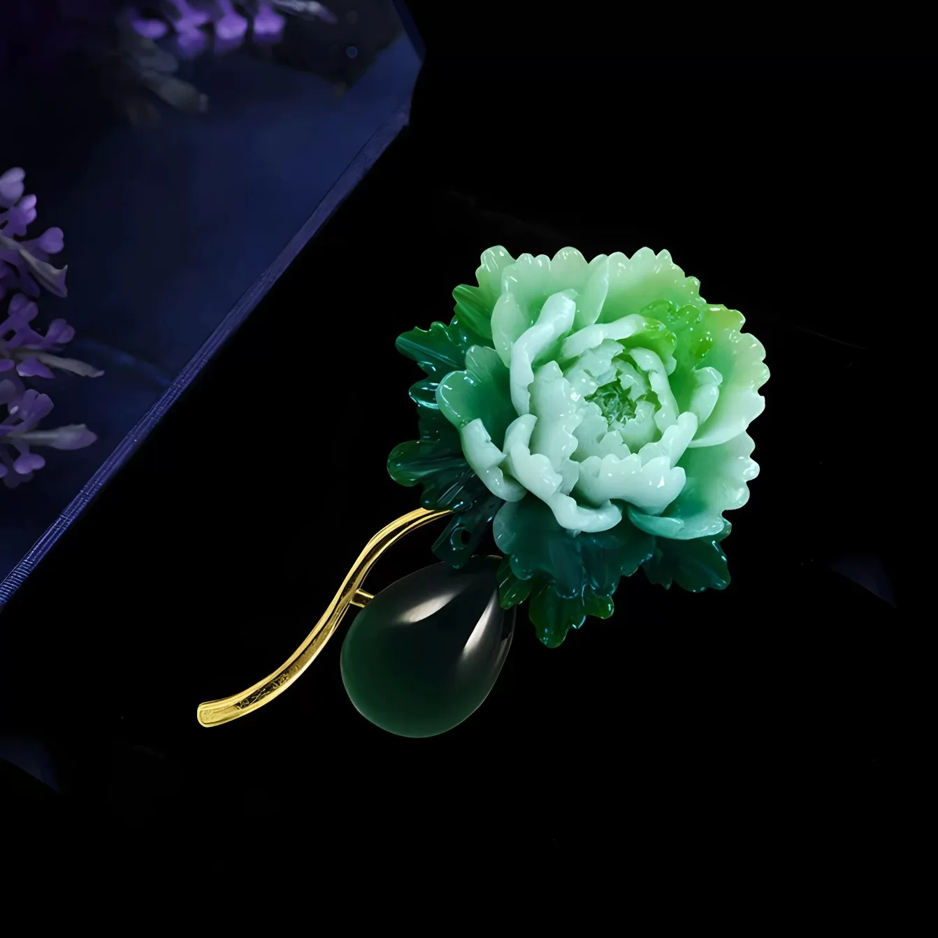 Vintage Resin Stone Green Peony Brooch for Woman Flower Lapel Pins Chinese Style Party Wedding Suit Coat Jewelry Gifts image 3