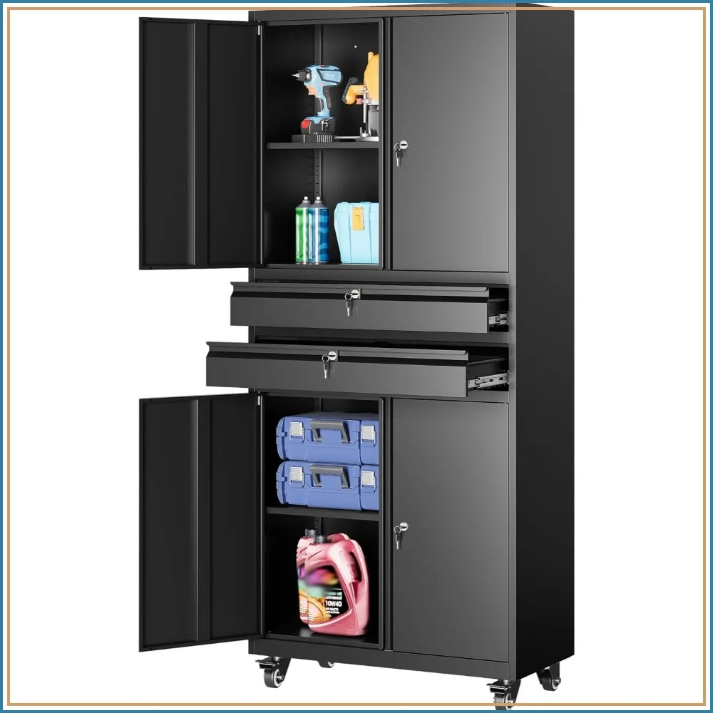 Metal Storage Cabinet with Wheels & Drawers, Locking Doors, Adjustable Shelves, 73