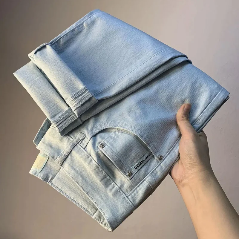 2026 Summer Men's Lightweight Thin Denim Pants Light Blue Classic Style Simple Stretch Slim Fit Skinny Leg Jeans Fashion Versati