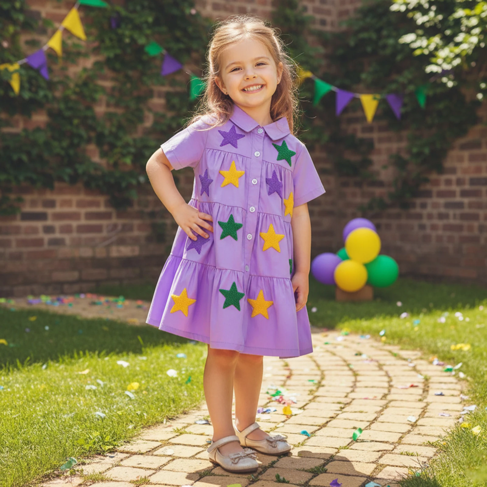 1-6Y Little Girl MardiGras Dress Star Patch Short Sleeve Collared Tiered Ruffle Dresses Casual Summer Spring Clothes