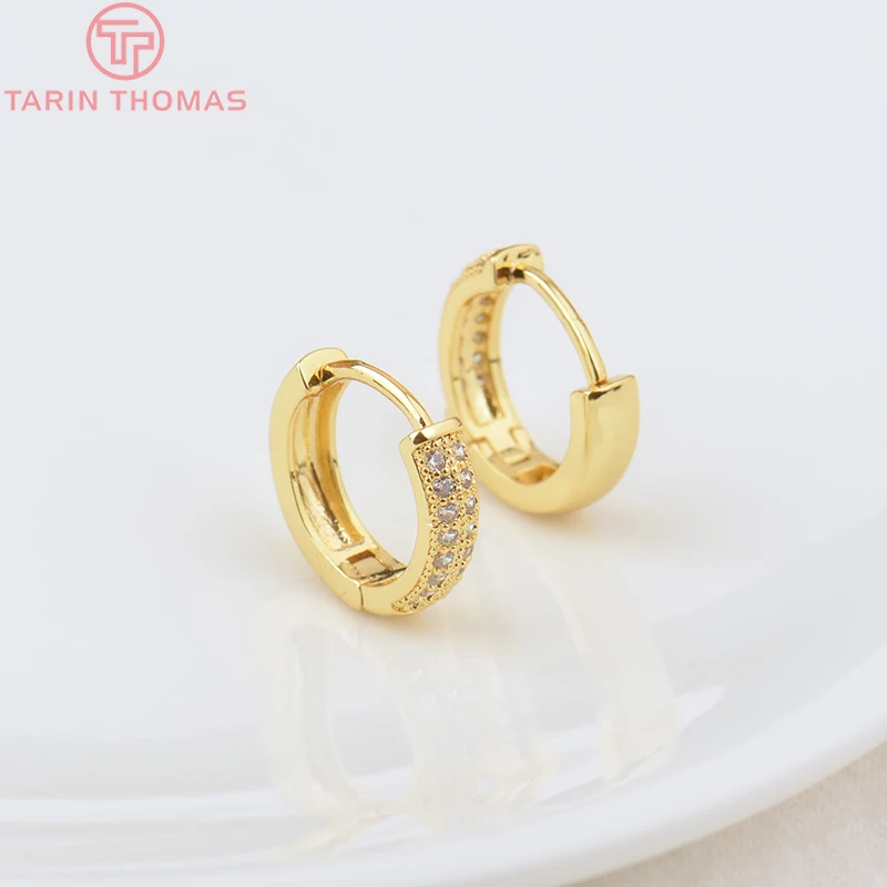 

(2072)4PCS 14MM 24K Gold Color Brass with Zircon Round Earrings Hoop High Quality DIY Jewelry Making Findings