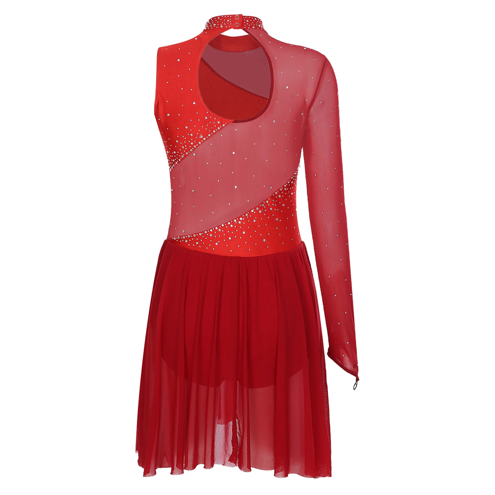 Womens One Shoulder Figure Skating Dress Sparkly Rhinestone Ballet Tutu Dress Gymnastics Leotard Roller Ice Skating Dancewear